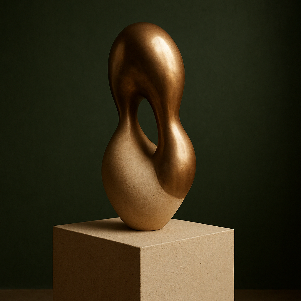 Sculptural bronze and ceramic biomorphic form in a gallery