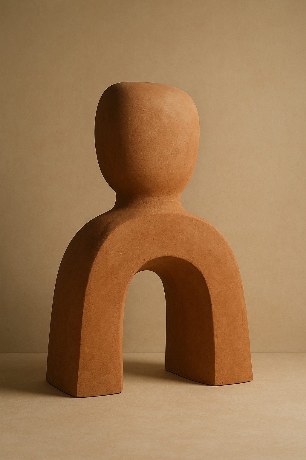 Terracotta sculptural form on a warm sand backdrop